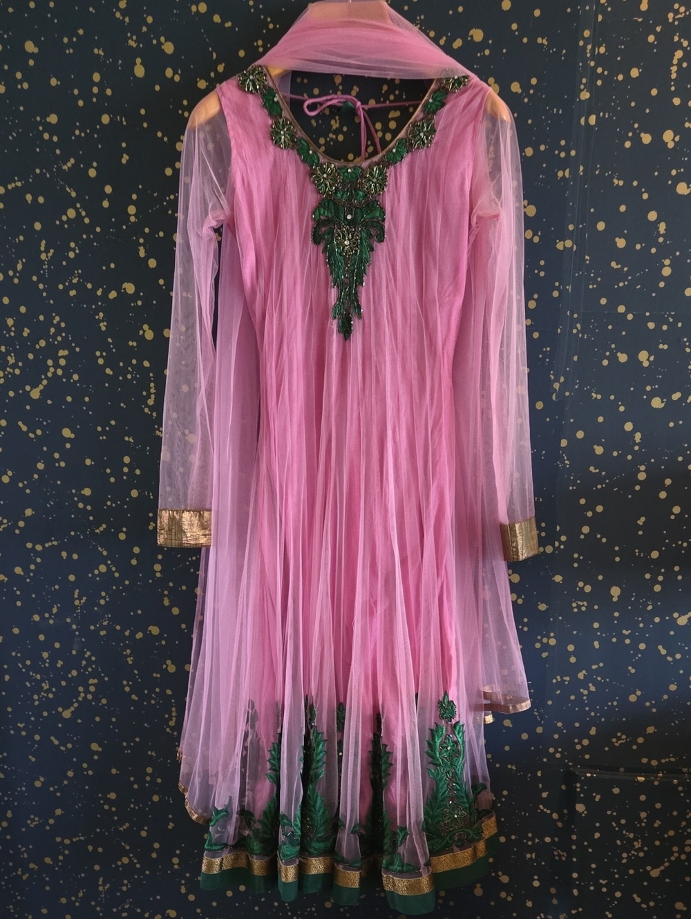 Pink Anarkali 3-Piece Set Embroidery Beaded Gown Bust 35" S/M
